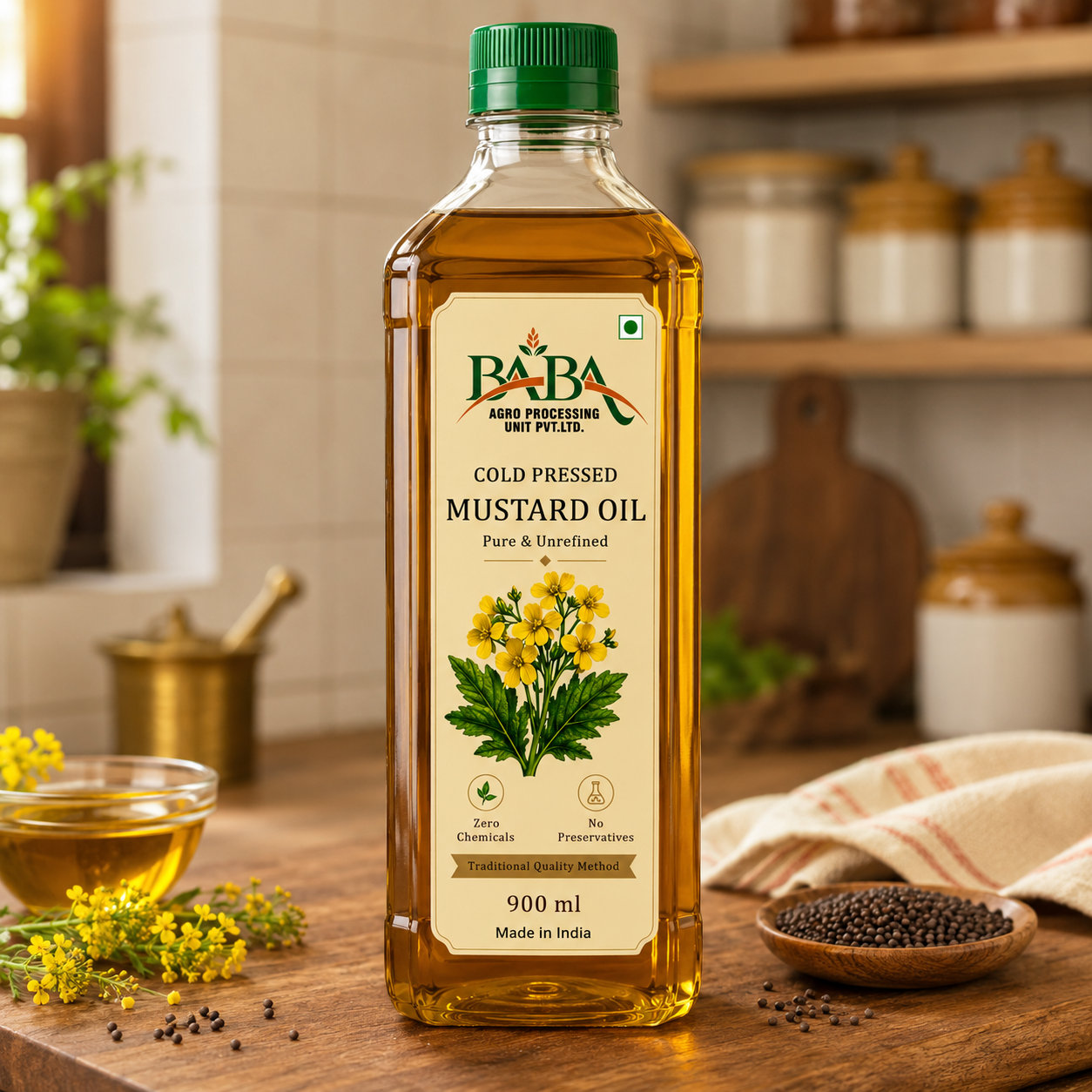 BABA Mustard Oil | Pure & Natural Kachi Ghani Oil | Strong Aroma | Purity Guaranteed I 990 ML